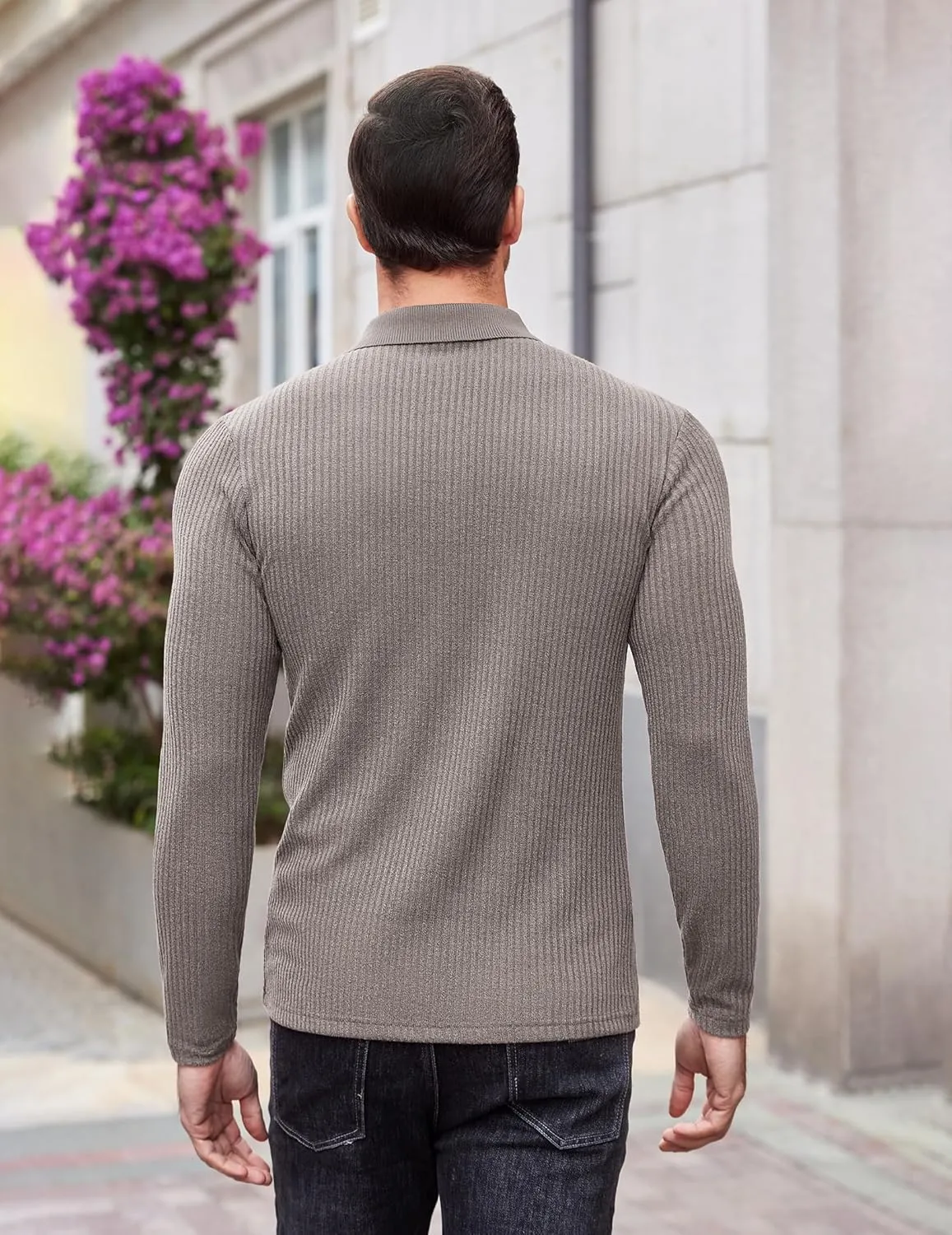 COOFANDY Men's Stretch Muscle Tshirts Long Sleeve Knit Tees Casual Slim Fit Polo Shirts