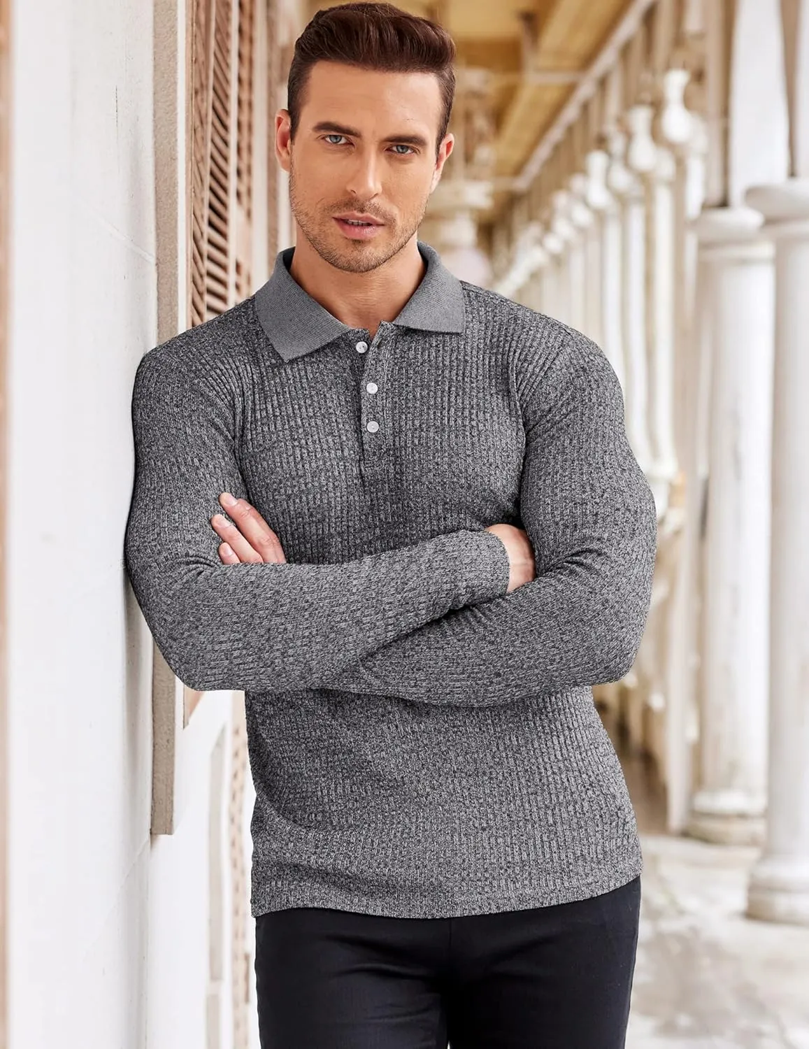 COOFANDY Men's Stretch Muscle Tshirts Long Sleeve Knit Tees Casual Slim Fit Polo Shirts