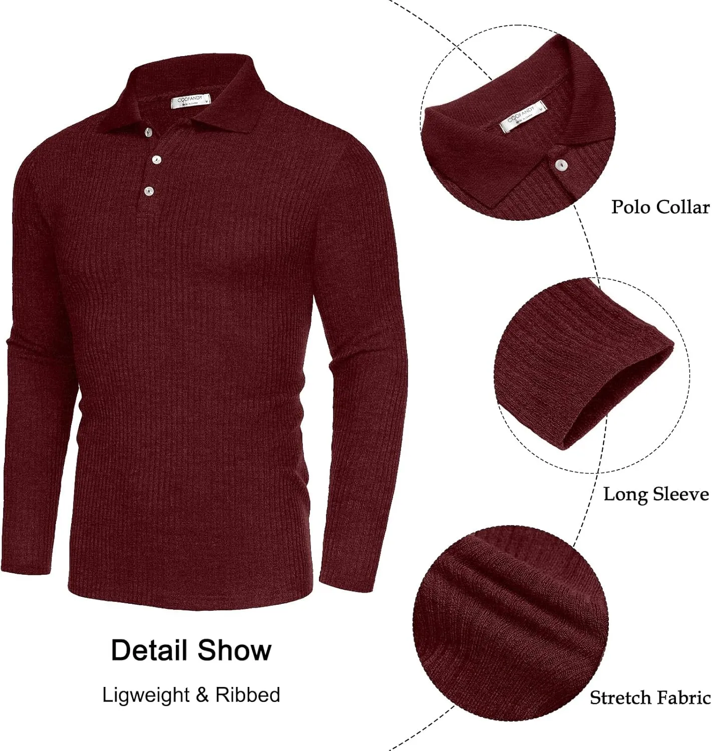COOFANDY Men's Stretch Muscle Tshirts Long Sleeve Knit Tees Casual Slim Fit Polo Shirts