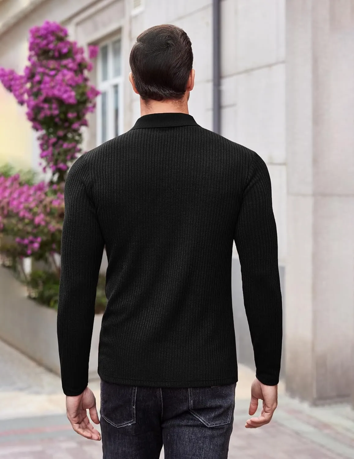 COOFANDY Men's Stretch Muscle Tshirts Long Sleeve Knit Tees Casual Slim Fit Polo Shirts