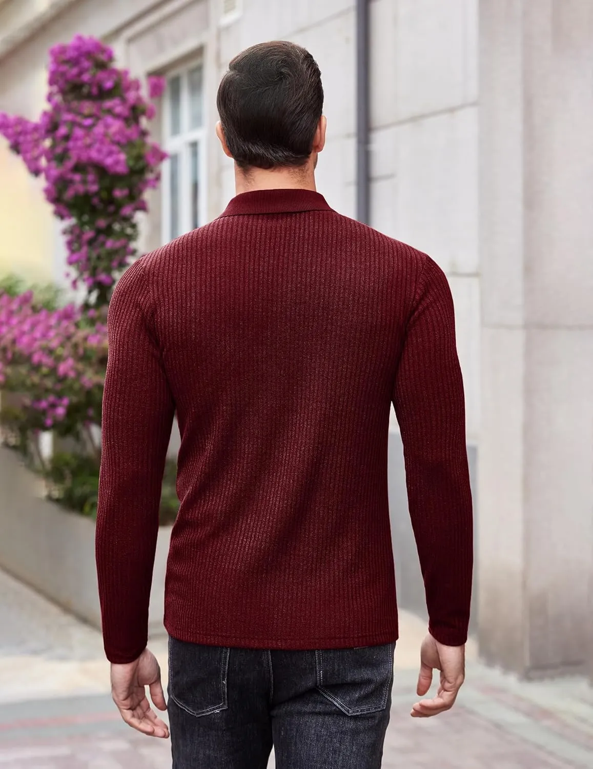 COOFANDY Men's Stretch Muscle Tshirts Long Sleeve Knit Tees Casual Slim Fit Polo Shirts