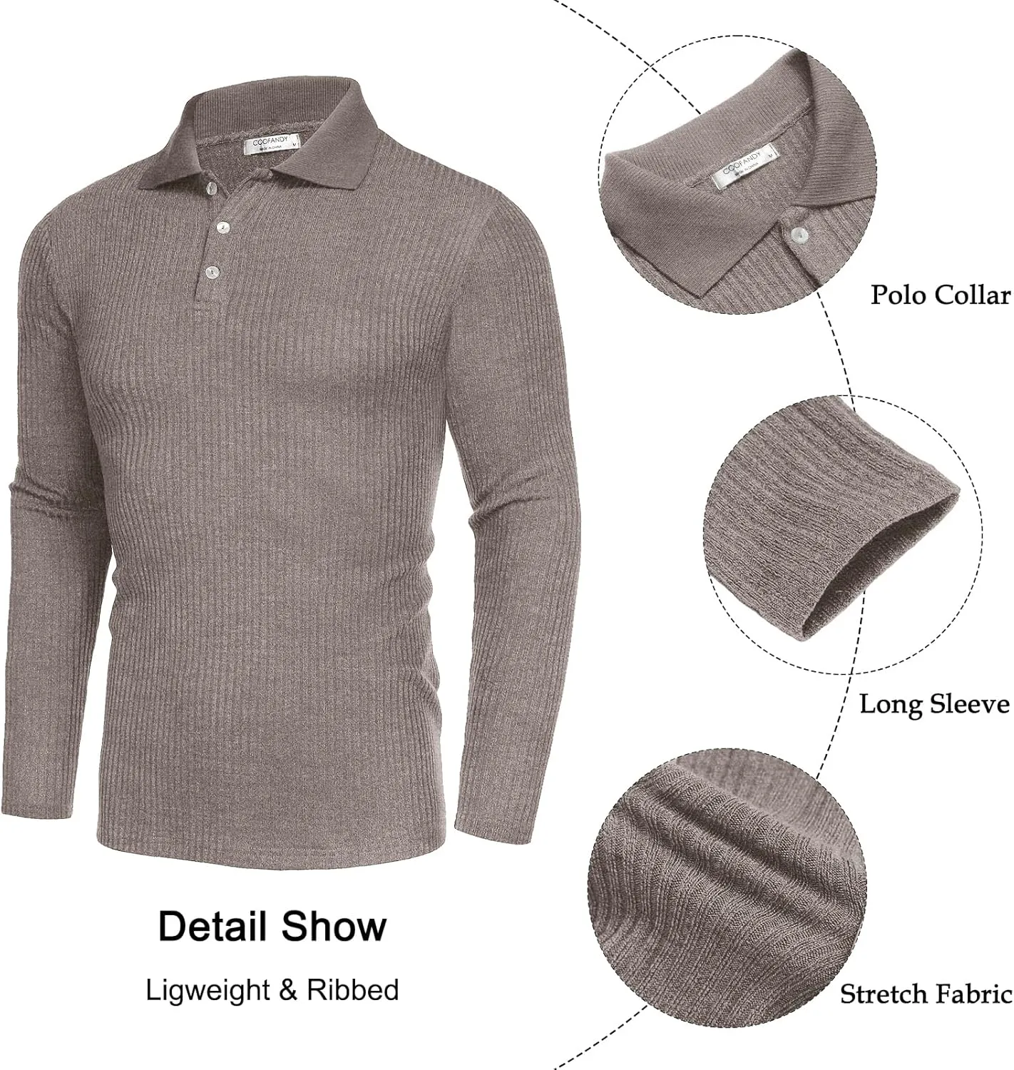 COOFANDY Men's Stretch Muscle Tshirts Long Sleeve Knit Tees Casual Slim Fit Polo Shirts