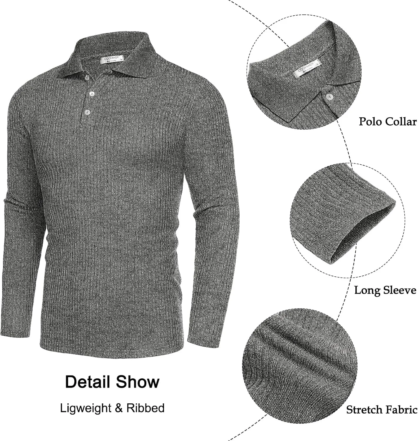 COOFANDY Men's Stretch Muscle Tshirts Long Sleeve Knit Tees Casual Slim Fit Polo Shirts