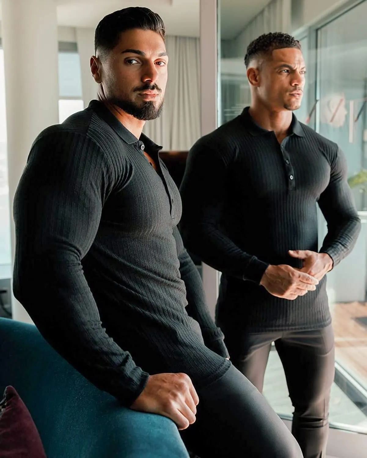 COOFANDY Men's Stretch Muscle Tshirts Long Sleeve Knit Tees Casual Slim Fit Polo Shirts