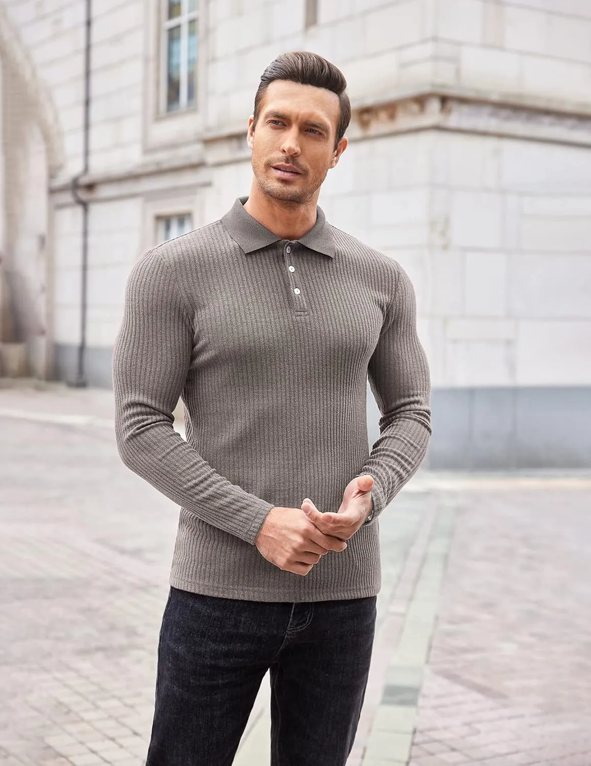 COOFANDY Men's Stretch Muscle Tshirts Long Sleeve Knit Tees Casual Slim Fit Polo Shirts