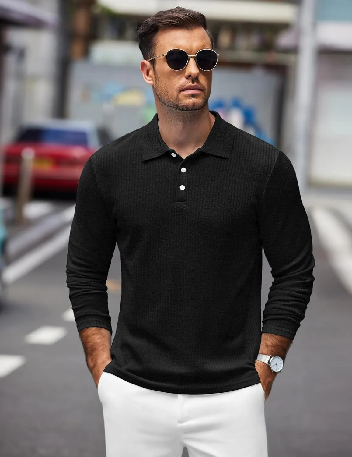 COOFANDY Men's Stretch Muscle Tshirts Long Sleeve Knit Tees Casual Slim Fit Polo Shirts