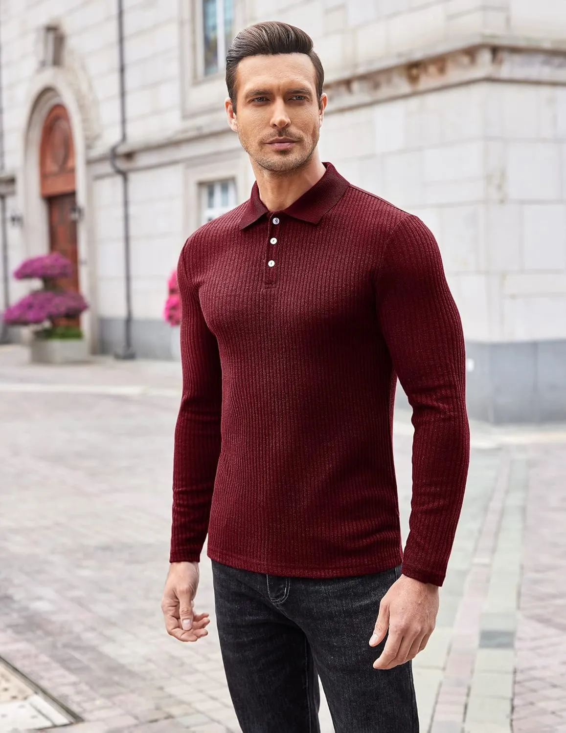 COOFANDY Men's Stretch Muscle Tshirts Long Sleeve Knit Tees Casual Slim Fit Polo Shirts