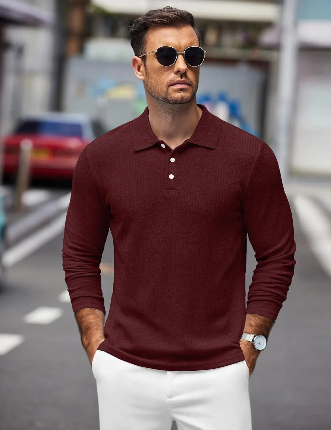 COOFANDY Men's Stretch Muscle Tshirts Long Sleeve Knit Tees Casual Slim Fit Polo Shirts