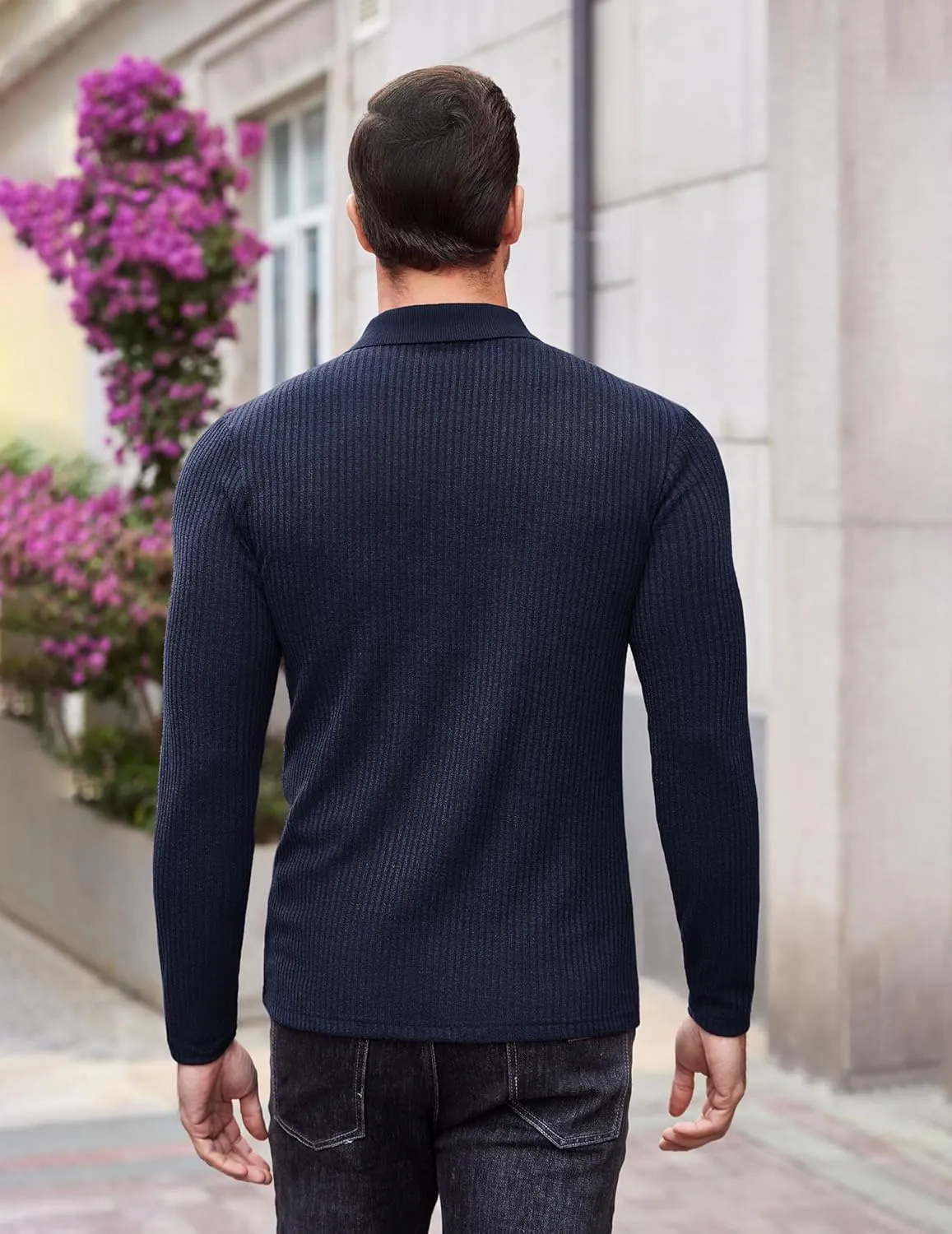 COOFANDY Men's Stretch Muscle Tshirts Long Sleeve Knit Tees Casual Slim Fit Polo Shirts
