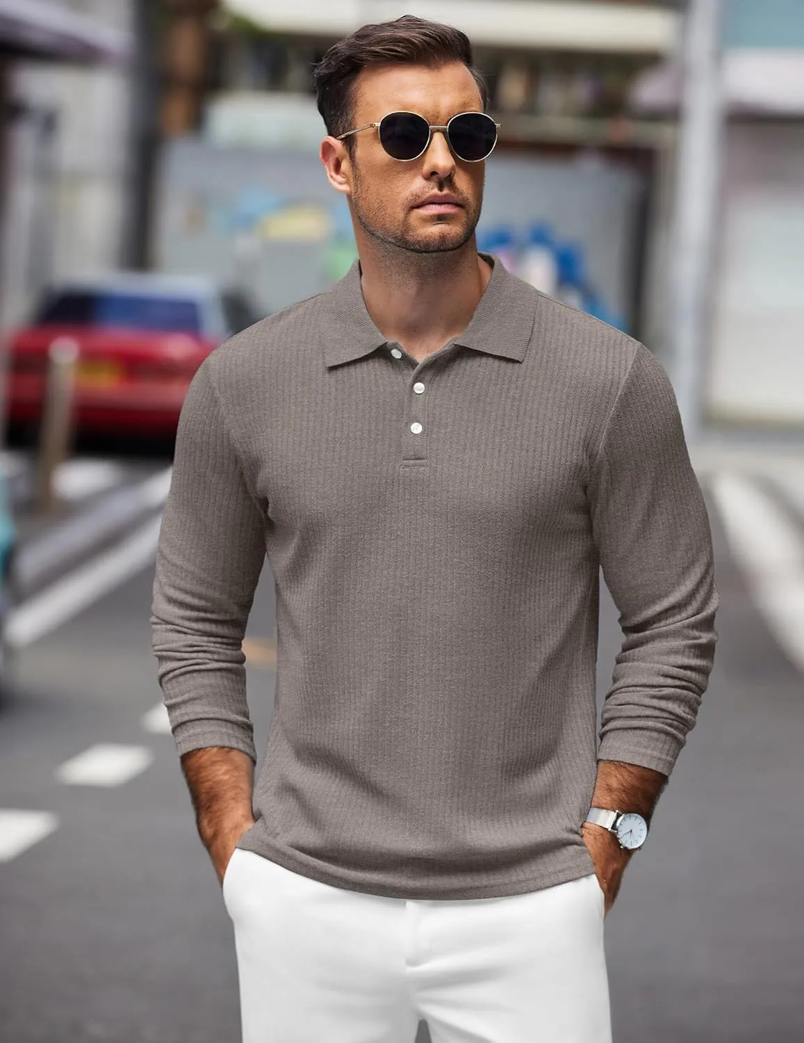 COOFANDY Men's Stretch Muscle Tshirts Long Sleeve Knit Tees Casual Slim Fit Polo Shirts