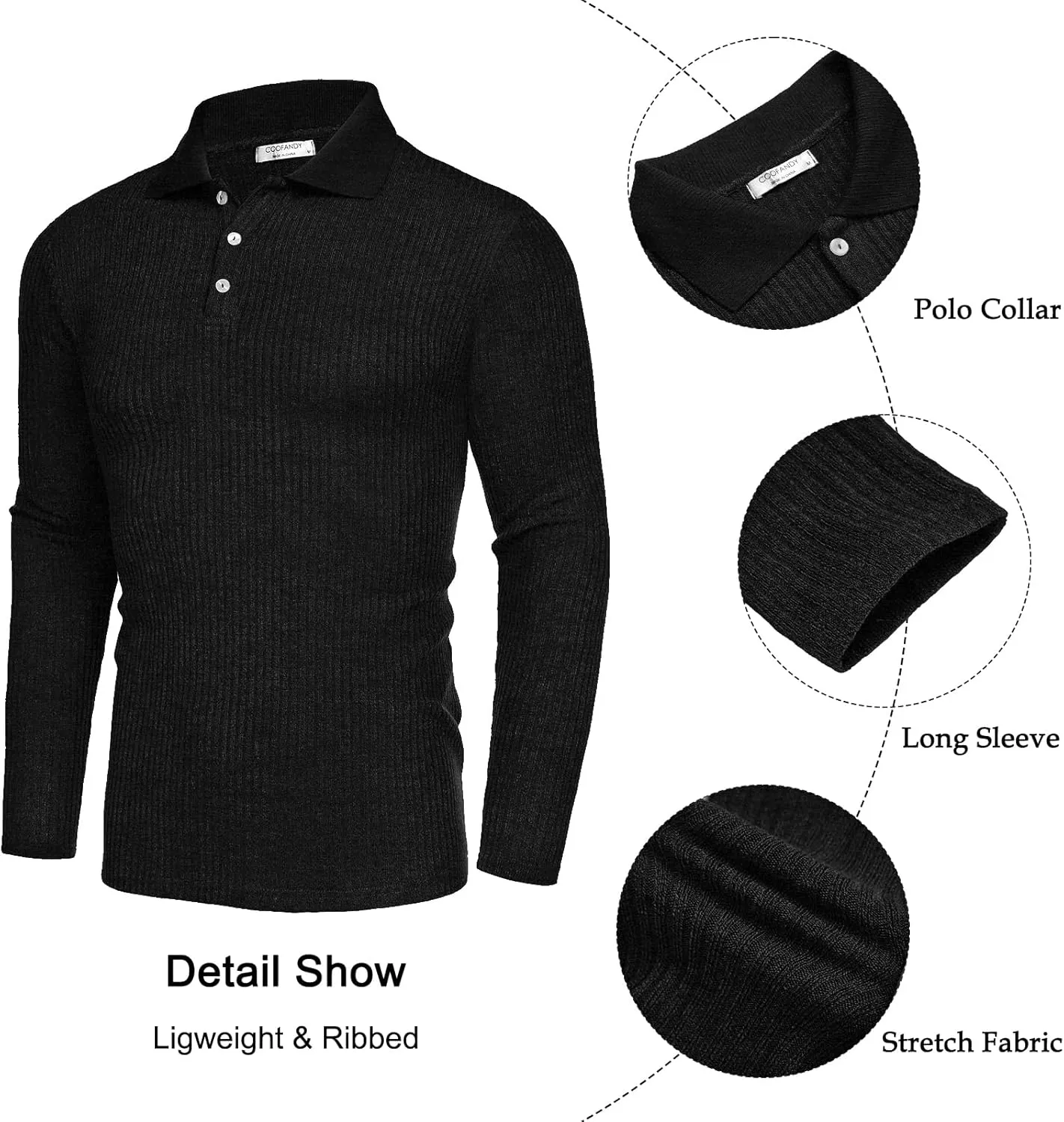COOFANDY Men's Stretch Muscle Tshirts Long Sleeve Knit Tees Casual Slim Fit Polo Shirts