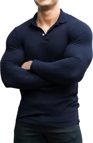 COOFANDY Men's Stretch Muscle Tshirts Long Sleeve Knit Tees Casual Slim Fit Polo Shirts