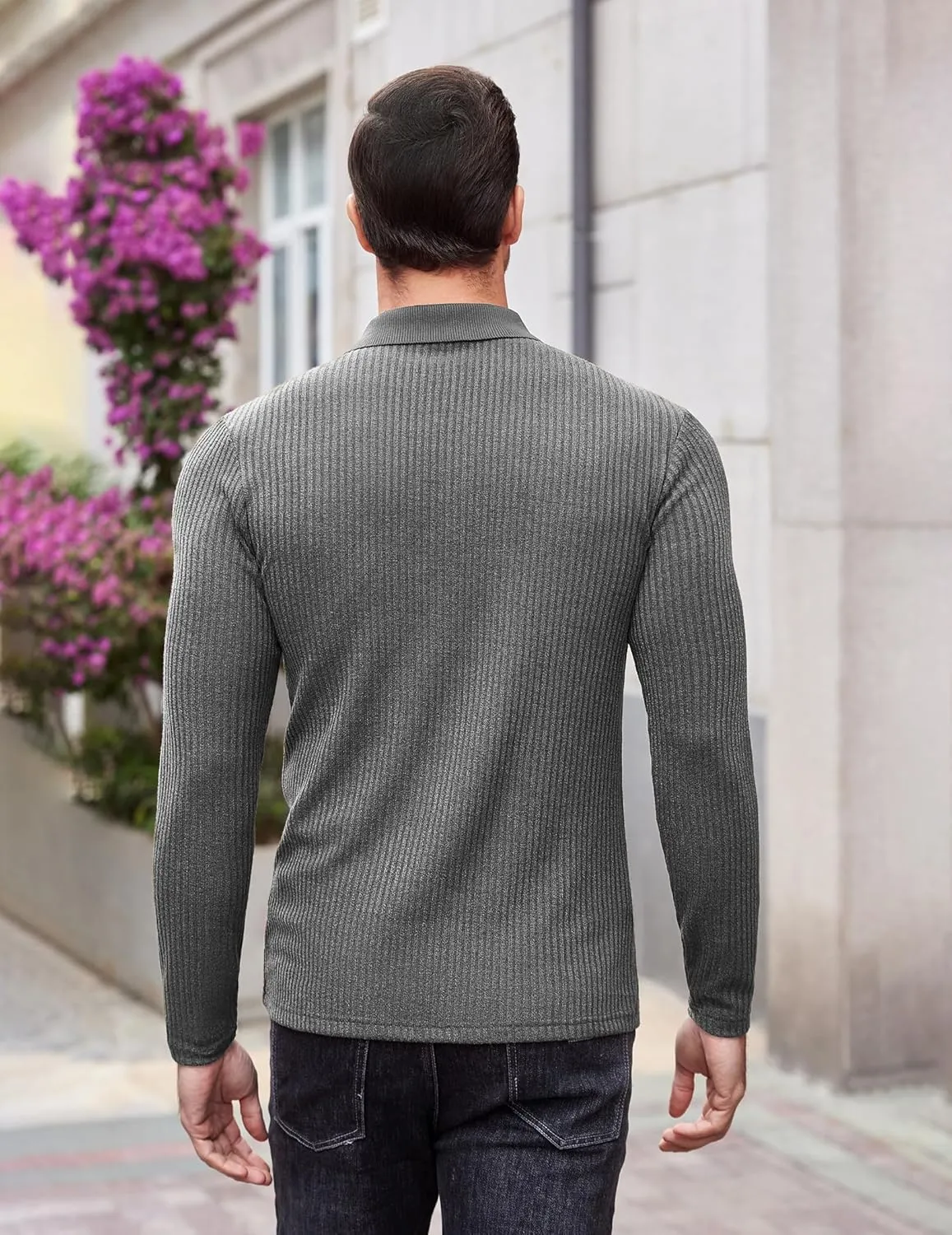 COOFANDY Men's Stretch Muscle Tshirts Long Sleeve Knit Tees Casual Slim Fit Polo Shirts