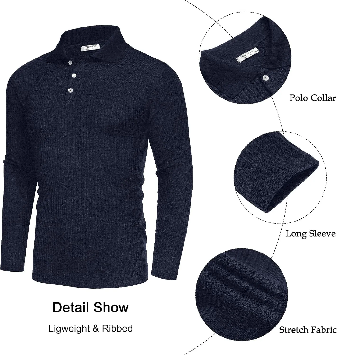COOFANDY Men's Stretch Muscle Tshirts Long Sleeve Knit Tees Casual Slim Fit Polo Shirts