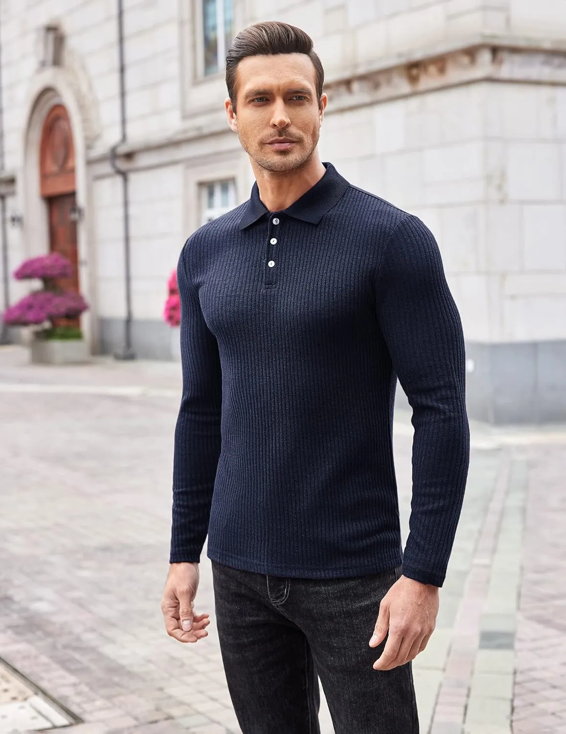COOFANDY Men's Stretch Muscle Tshirts Long Sleeve Knit Tees Casual Slim Fit Polo Shirts