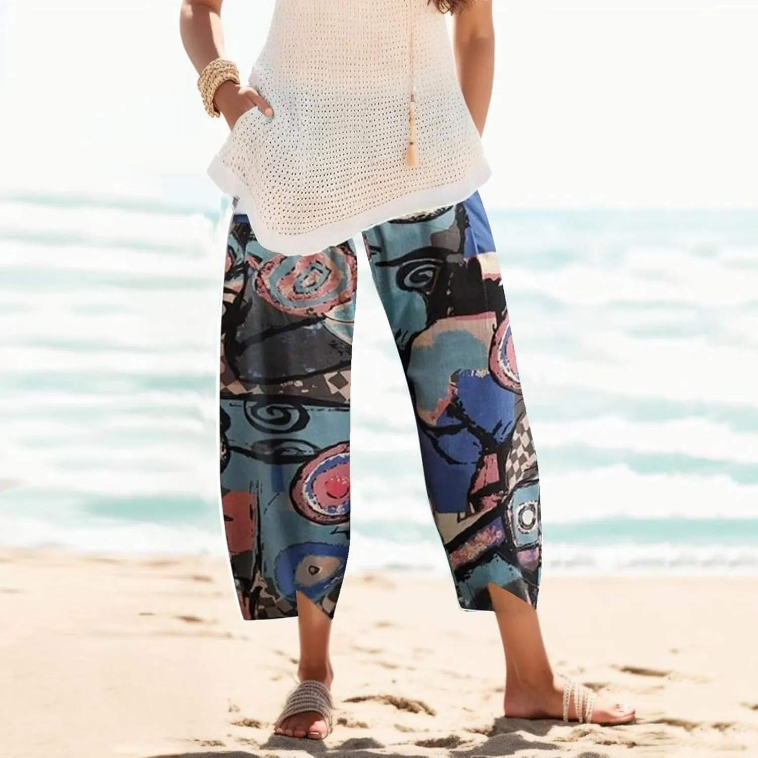 Cotton Linen Casual Summer Capri Pants for Women Cropped Comfy Baggy Trousers Palazzo Lounge Pants, Medium