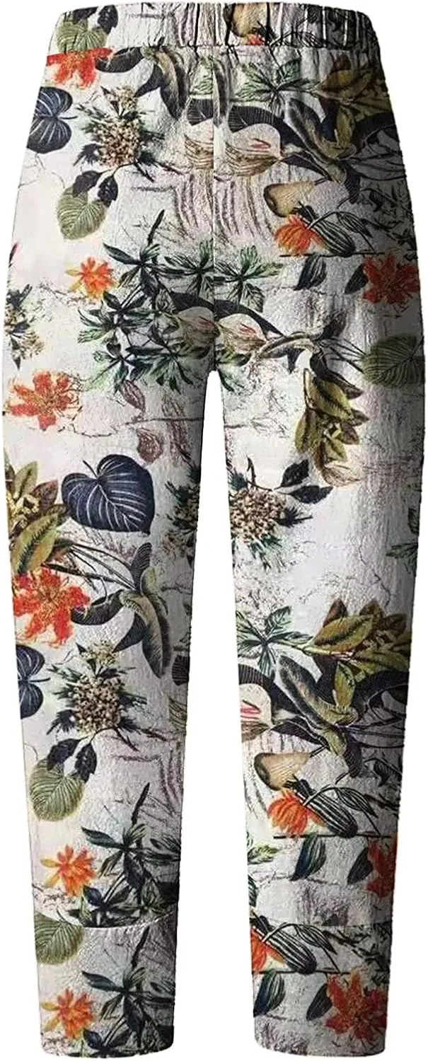 Cotton Linen Casual Summer Capri Pants for Women Cropped Comfy Baggy Trousers Palazzo Lounge Pants, Medium