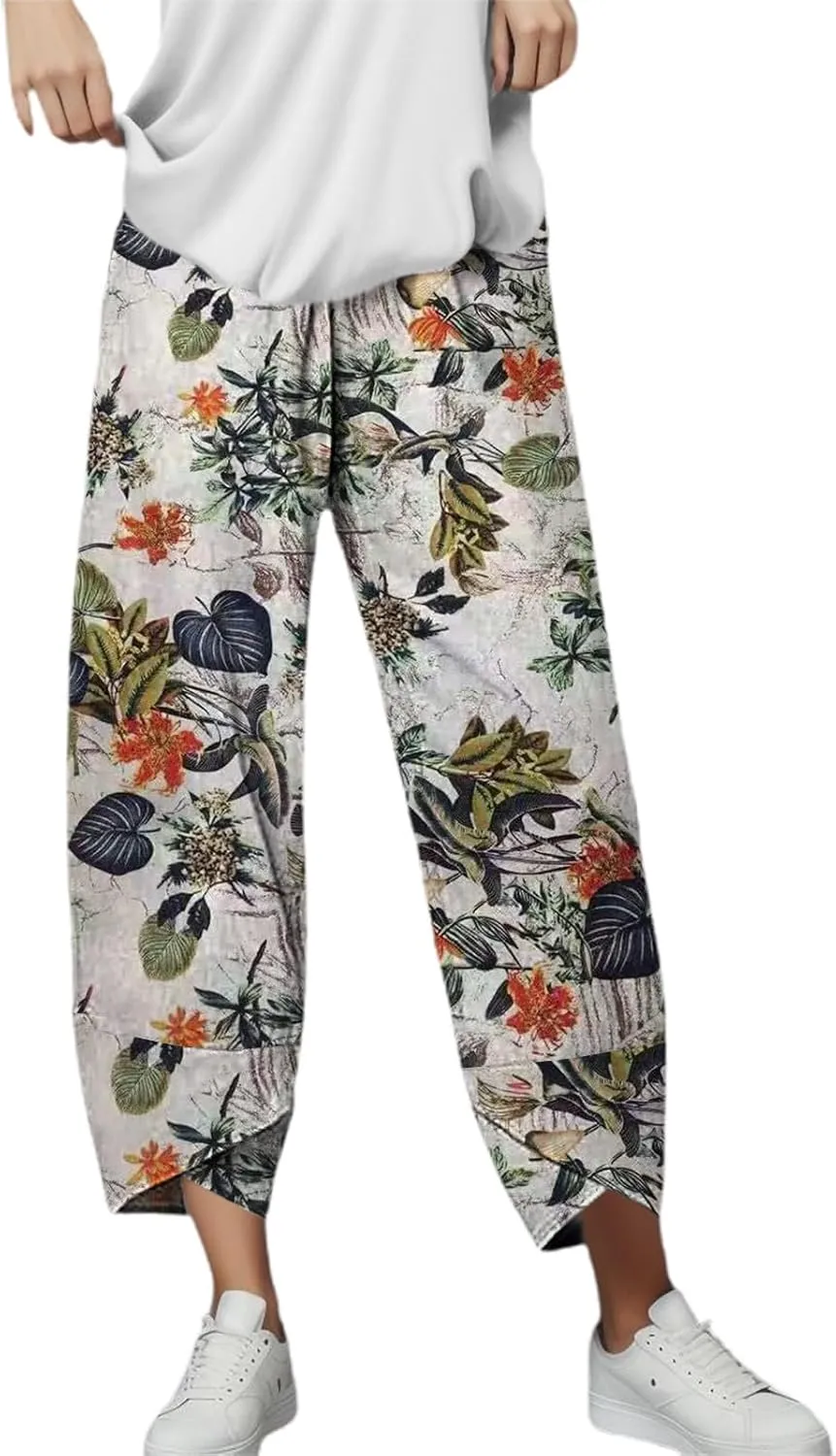 Cotton Linen Casual Summer Capri Pants for Women Cropped Comfy Baggy Trousers Palazzo Lounge Pants, Medium
