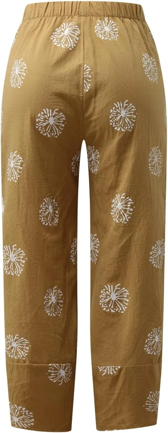 Cotton Linen Casual Summer Capri Pants for Women Cropped Comfy Baggy Trousers Palazzo Lounge Pants, Medium