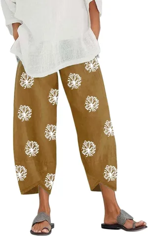 Cotton Linen Casual Summer Capri Pants for Women Cropped Comfy Baggy Trousers Palazzo Lounge Pants, Medium