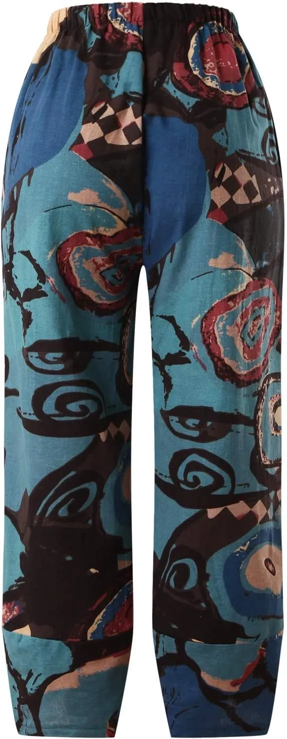 Cotton Linen Casual Summer Capri Pants for Women Cropped Comfy Baggy Trousers Palazzo Lounge Pants, Medium