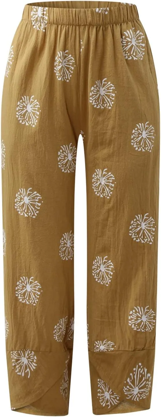 Cotton Linen Casual Summer Capri Pants for Women Cropped Comfy Baggy Trousers Palazzo Lounge Pants, Medium