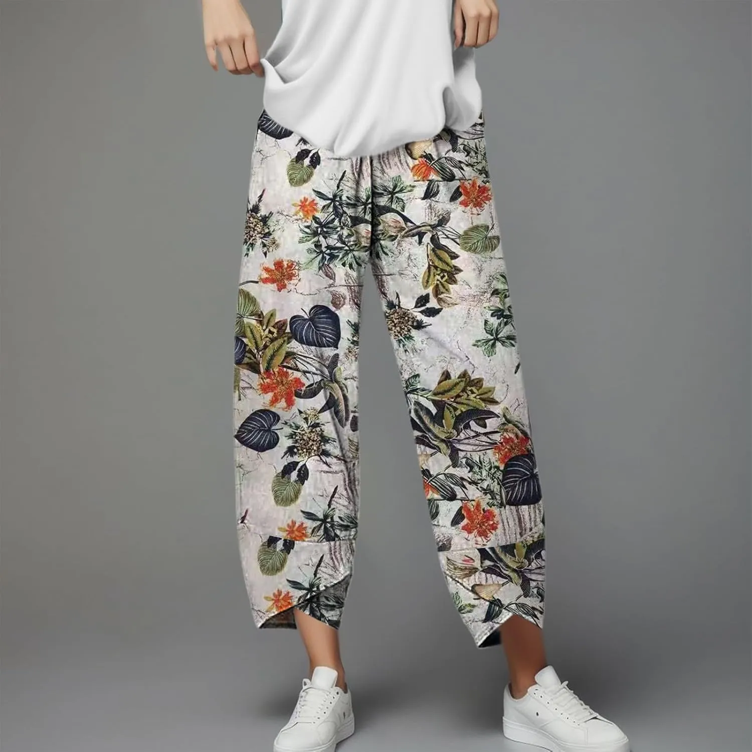 Cotton Linen Casual Summer Capri Pants for Women Cropped Comfy Baggy Trousers Palazzo Lounge Pants, Medium