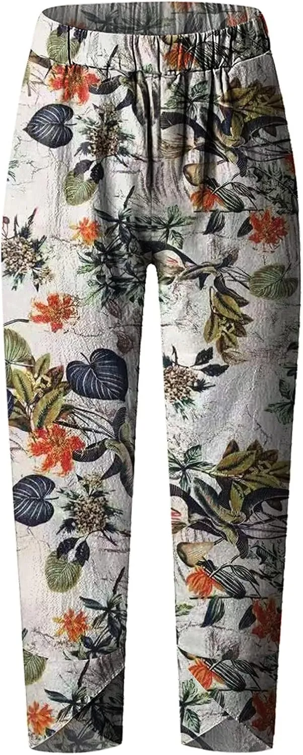 Cotton Linen Casual Summer Capri Pants for Women Cropped Comfy Baggy Trousers Palazzo Lounge Pants, Medium