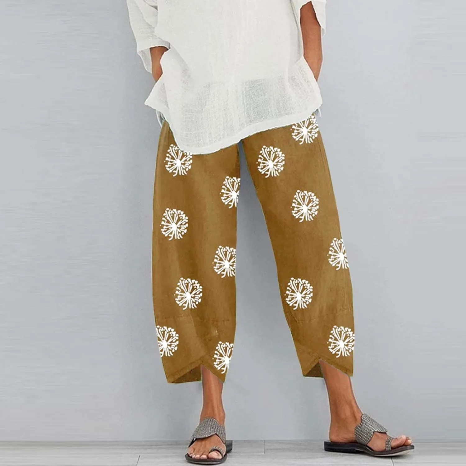 Cotton Linen Casual Summer Capri Pants for Women Cropped Comfy Baggy Trousers Palazzo Lounge Pants, Medium