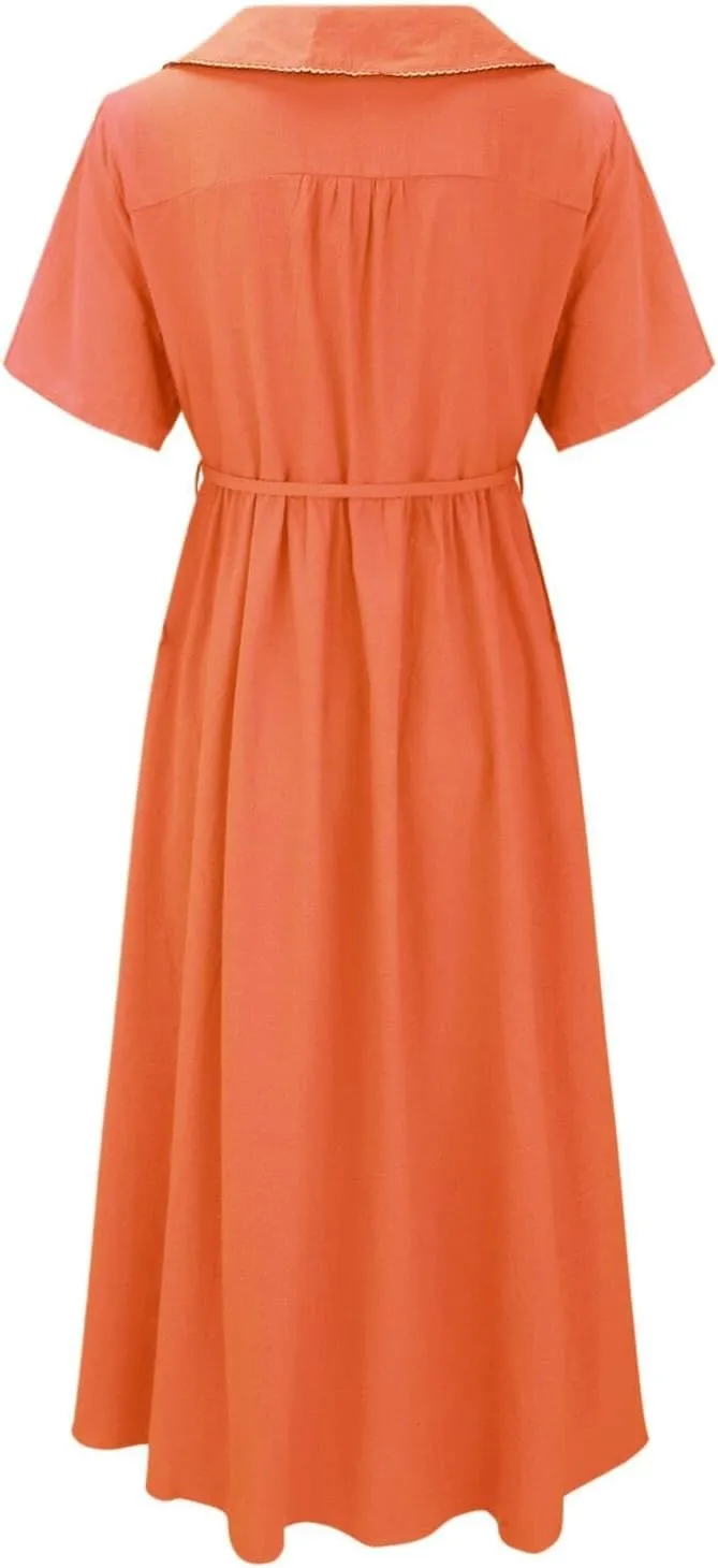Cotton Linen Dresses for Women Summer Embroidered Sleeve A Line Comfy Cotton Maxi Dress Trendy Summer Vacation Clothes