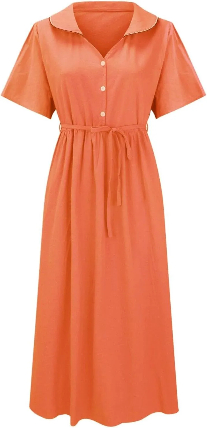 Cotton Linen Dresses for Women Summer Embroidered Sleeve A Line Comfy Cotton Maxi Dress Trendy Summer Vacation Clothes