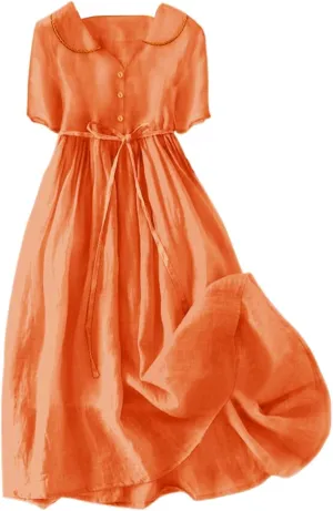 Cotton Linen Dresses for Women Summer Embroidered Sleeve A Line Comfy Cotton Maxi Dress Trendy Summer Vacation Clothes