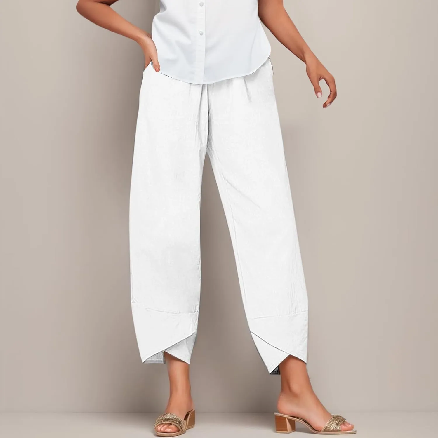 Cotton Linen Pants for Women Casual Capri Pant Plus Size Wide Leg Palazzo Summer Cropped Elastic Waist Trousers
