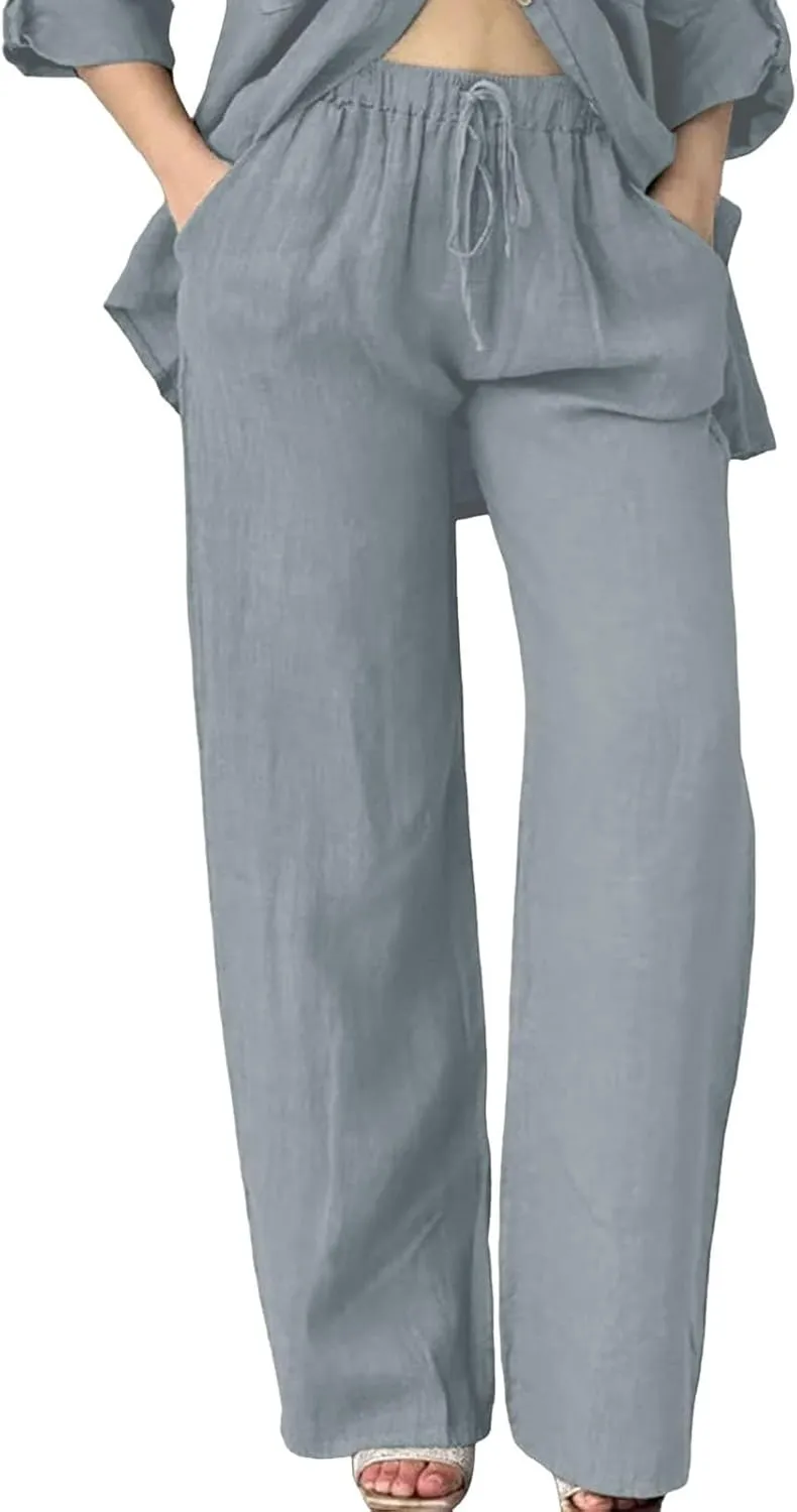 Cotton Linen Pants for Women Summer High Waist Elastic Beach Drawstring Wide Leg Cropped Trousers with Pockets