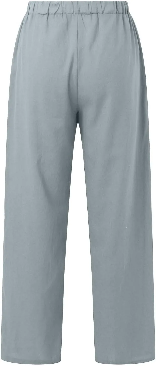 Cotton Linen Pants for Women Summer High Waist Elastic Beach Drawstring Wide Leg Cropped Trousers with Pockets