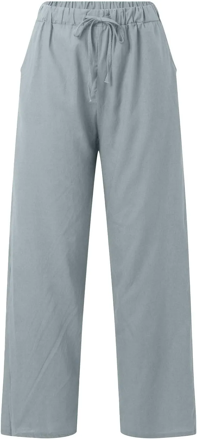 Cotton Linen Pants for Women Summer High Waist Elastic Beach Drawstring Wide Leg Cropped Trousers with Pockets