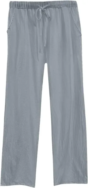 Cotton Linen Pants for Women Summer High Waist Elastic Beach Drawstring Wide Leg Cropped Trousers with Pockets