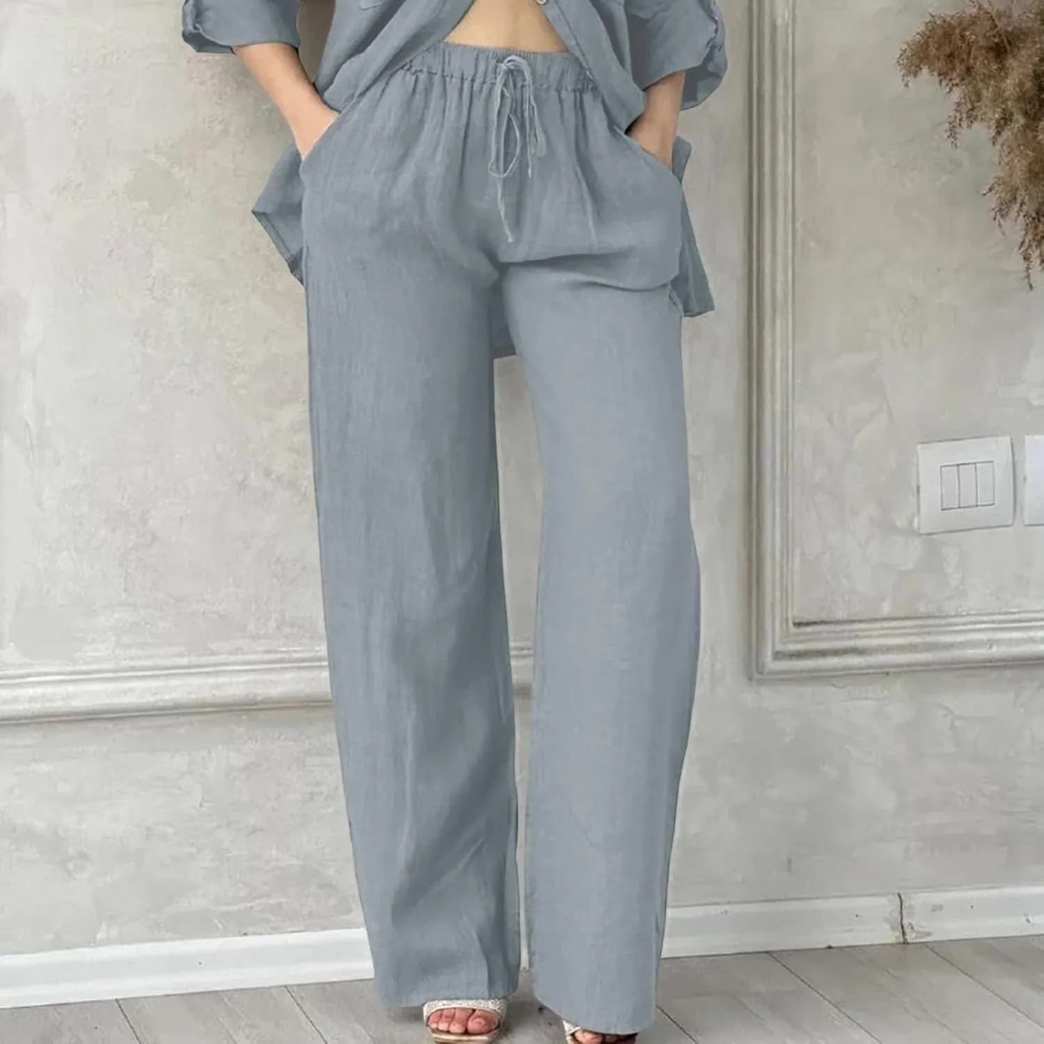 Cotton Linen Pants for Women Summer High Waist Elastic Beach Drawstring Wide Leg Cropped Trousers with Pockets