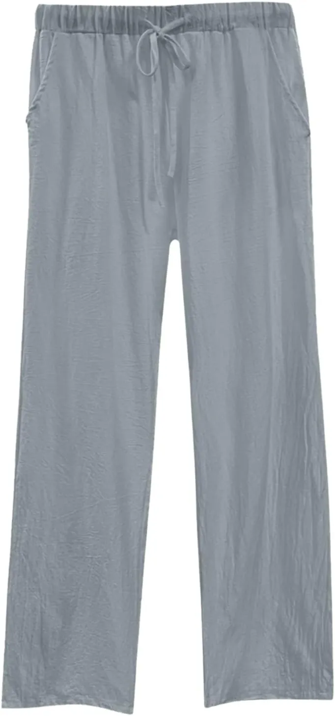 Cotton Linen Pants for Women Summer High Waist Elastic Beach Drawstring Wide Leg Cropped Trousers with Pockets