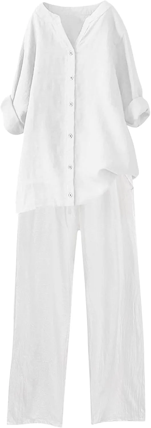 Cotton Linen Pants Sets for Women 2 Piece Summer Oversized Long Sleeve Button Shirt Wide Leg Casual Pants Tracksuits