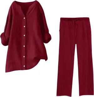 Cotton Linen Pants Sets for Women 2 Piece Summer Oversized Long Sleeve Button Shirt Wide Leg Casual Pants Tracksuits