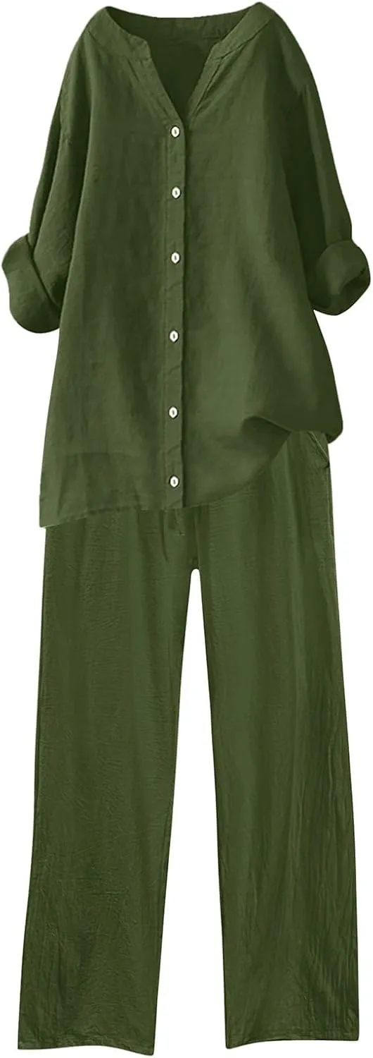 Cotton Linen Pants Sets for Women 2 Piece Summer Oversized Long Sleeve Button Shirt Wide Leg Casual Pants Tracksuits
