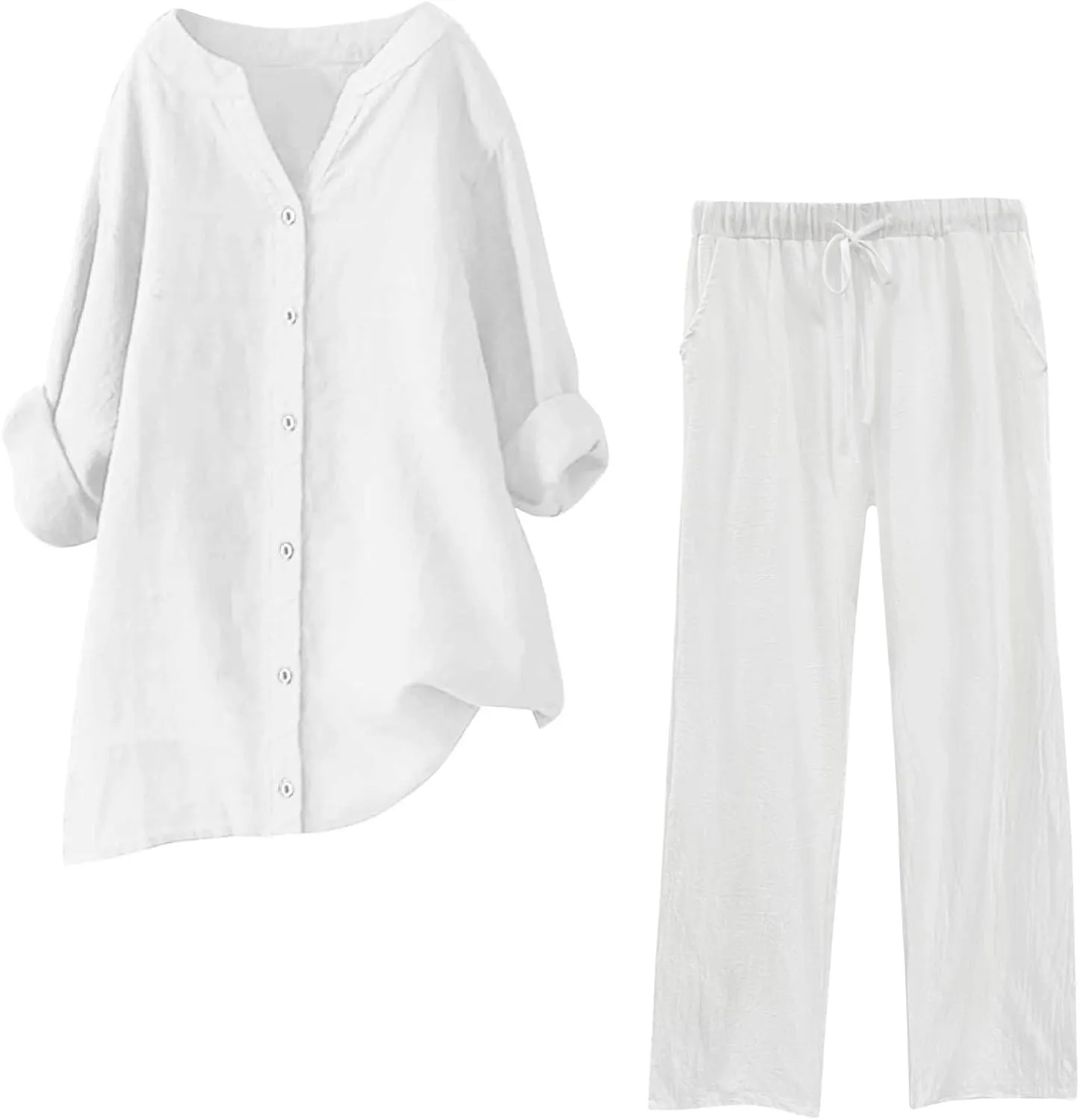 Cotton Linen Pants Sets for Women 2 Piece Summer Oversized Long Sleeve Button Shirt Wide Leg Casual Pants Tracksuits