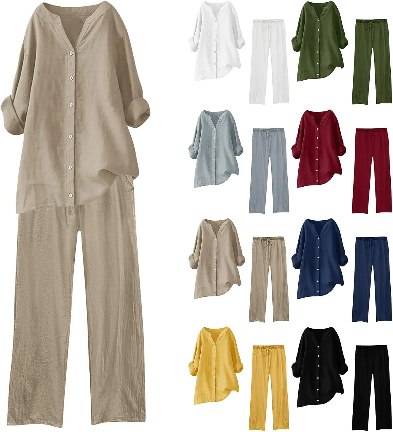 Cotton Linen Pants Sets for Women 2 Piece Summer Oversized Long Sleeve Button Shirt Wide Leg Casual Pants Tracksuits