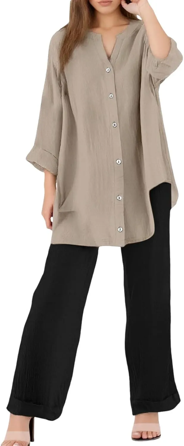 Cotton Linen Pants Sets for Women 2 Piece Summer Oversized Long Sleeve Button Shirt Wide Leg Casual Pants Tracksuits