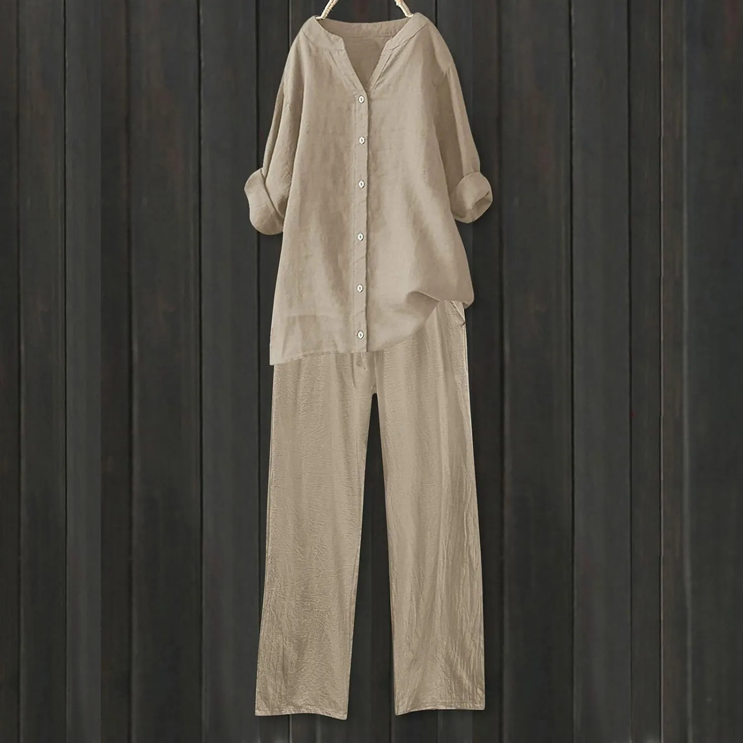 Cotton Linen Pants Sets for Women 2 Piece Summer Oversized Long Sleeve Button Shirt Wide Leg Casual Pants Tracksuits
