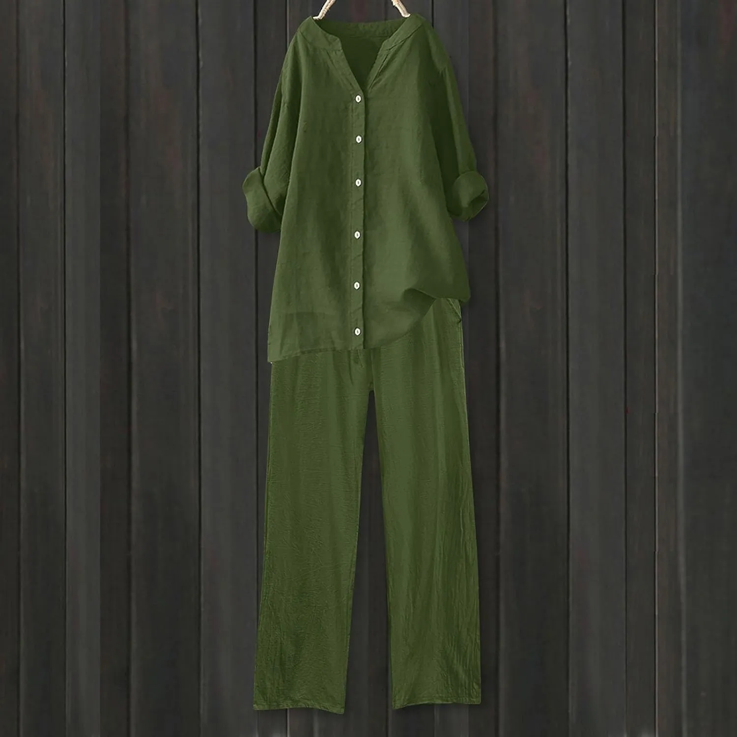 Cotton Linen Pants Sets for Women 2 Piece Summer Oversized Long Sleeve Button Shirt Wide Leg Casual Pants Tracksuits