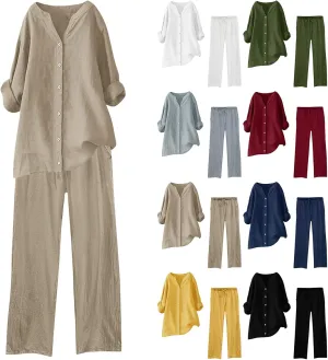 Cotton Linen Pants Sets for Women 2 Piece Summer Oversized Long Sleeve Button Shirt Wide Leg Casual Pants Tracksuits