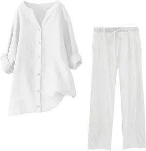 Cotton Linen Pants Sets for Women 2 Piece Summer Oversized Long Sleeve Button Shirt Wide Leg Casual Pants Tracksuits