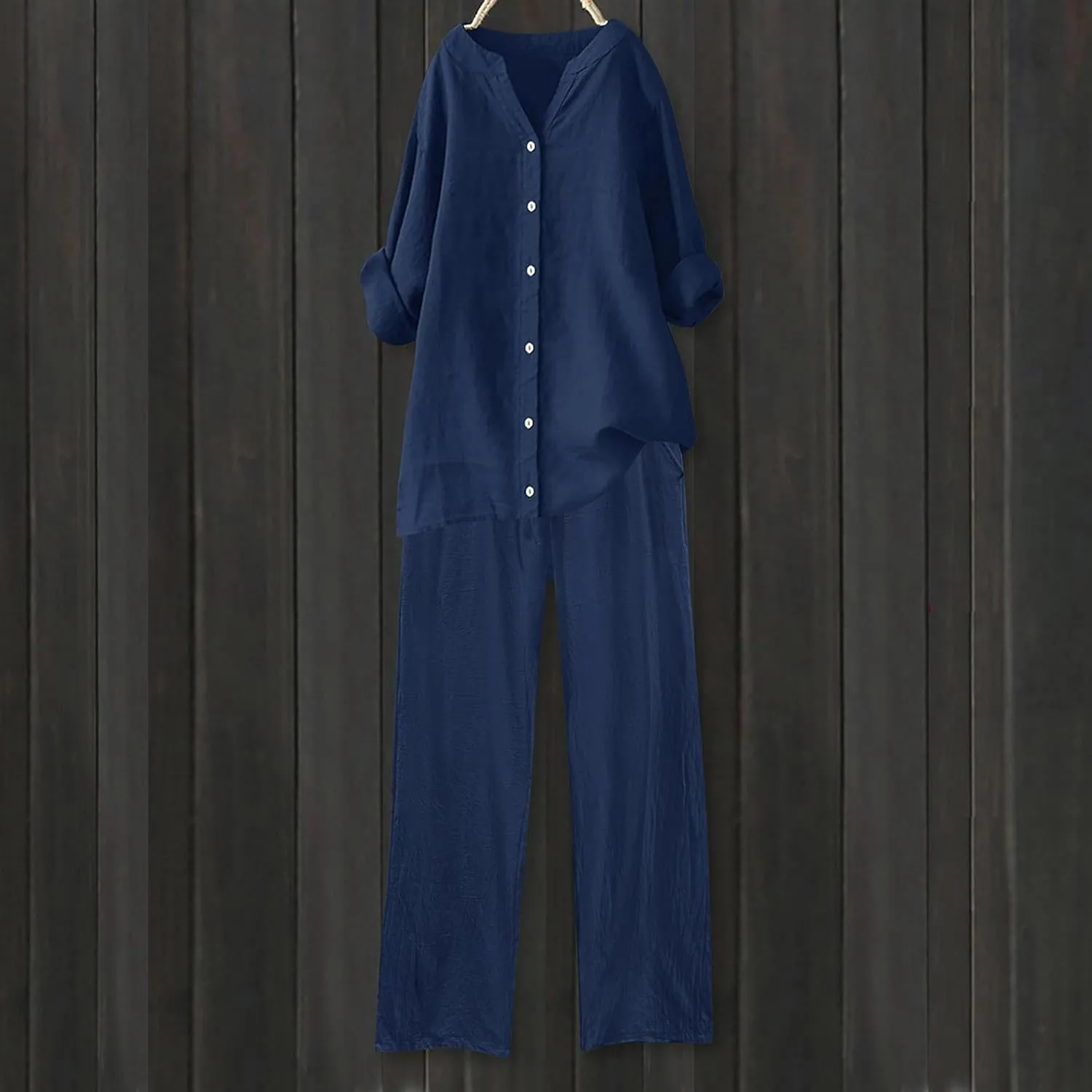Cotton Linen Pants Sets for Women 2 Piece Summer Oversized Long Sleeve Button Shirt Wide Leg Casual Pants Tracksuits